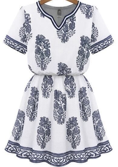 White V Neck Short Sleeve Floral Dress | SHEIN