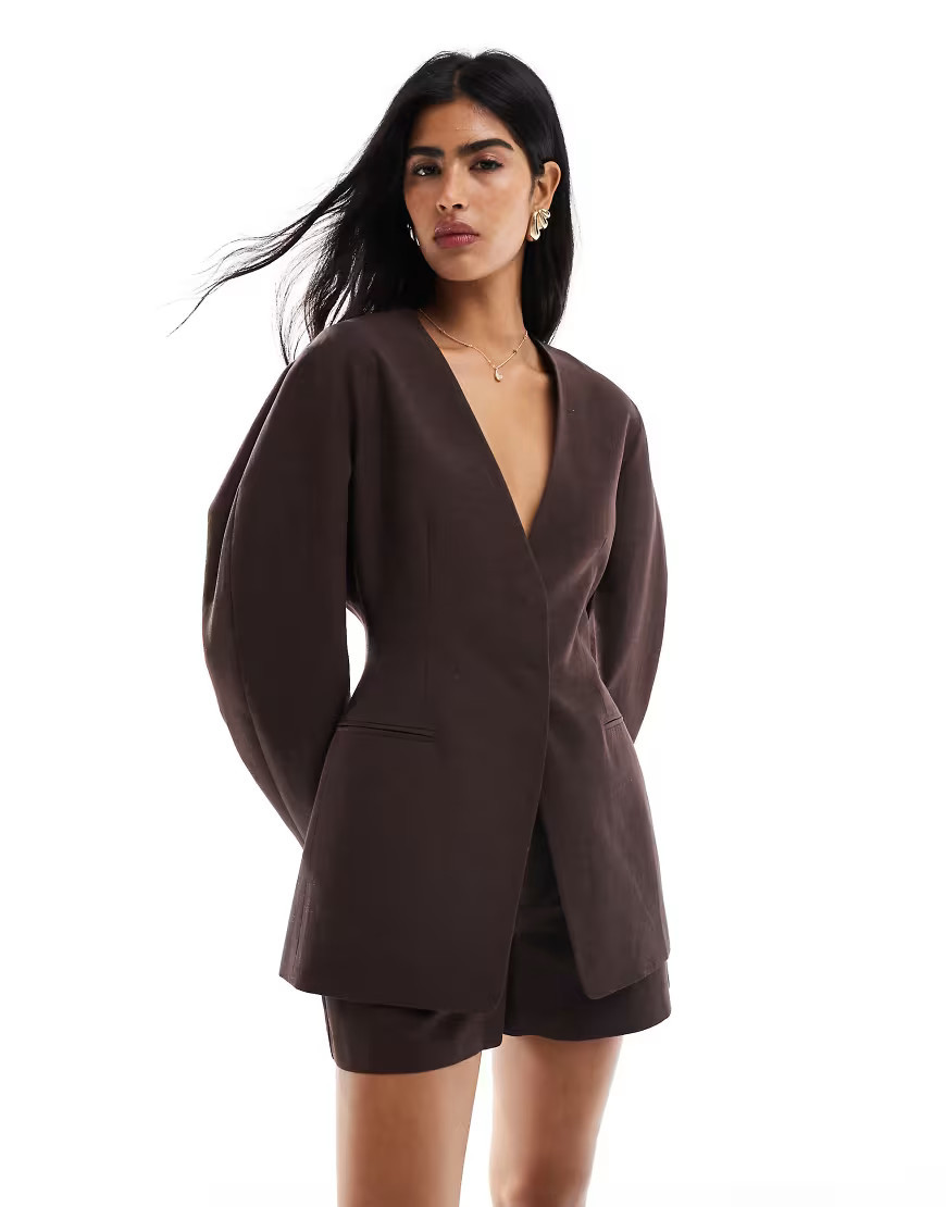 ASOS DESIGN linen blend cinch collarless blazer in chocolate-Brown | ASOS (Global)