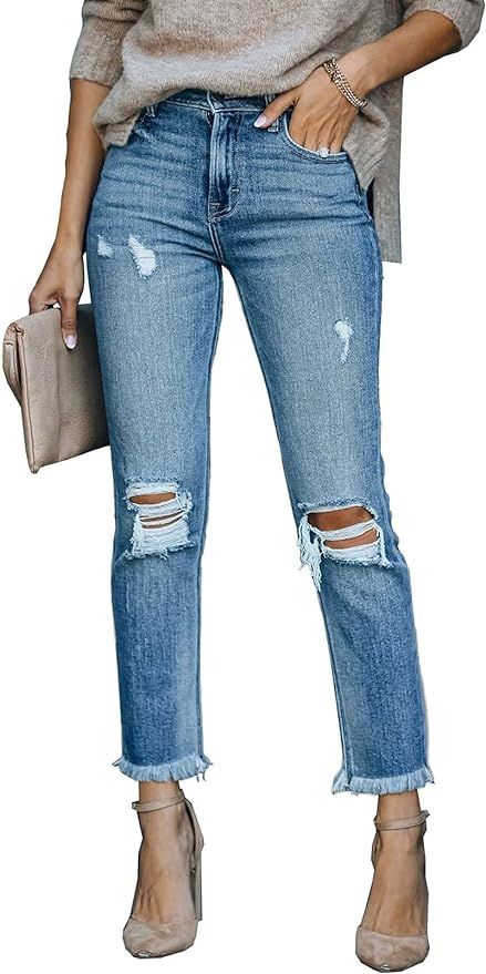 Sidefeel Women Patchwork Destroyed Raw Hem Jeans Ripped Hole Denim Pants | Amazon (US)