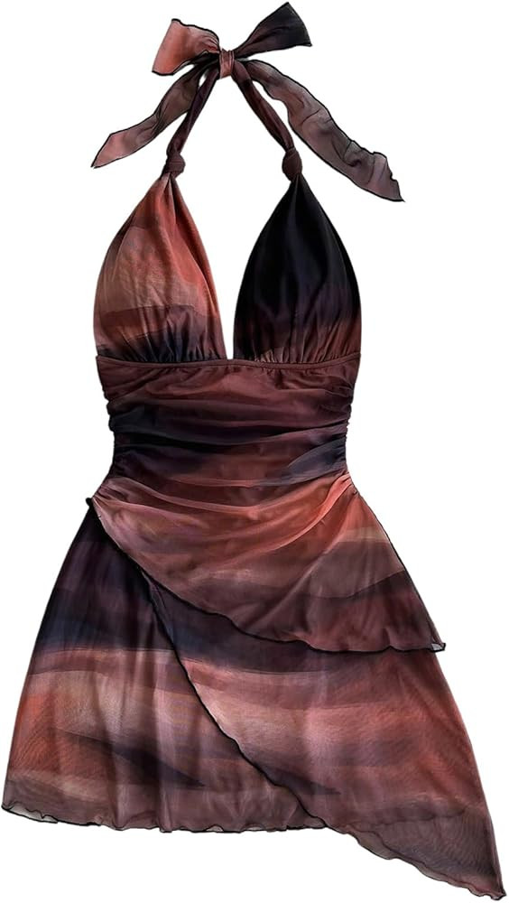 SOLY HUX Women's Sexy Tie Dye Print Halter V Neck Mini Dress Retro Backless Fitted Bodycon Dresse... | Amazon (US)