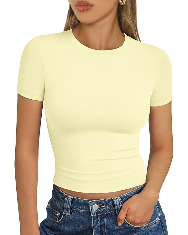 Trendy Queen Womens Short Sleeve T Shirts - Buttery Soft Summer Crop Tops Slim Fit Y2k Basic Tees... | Amazon (US)