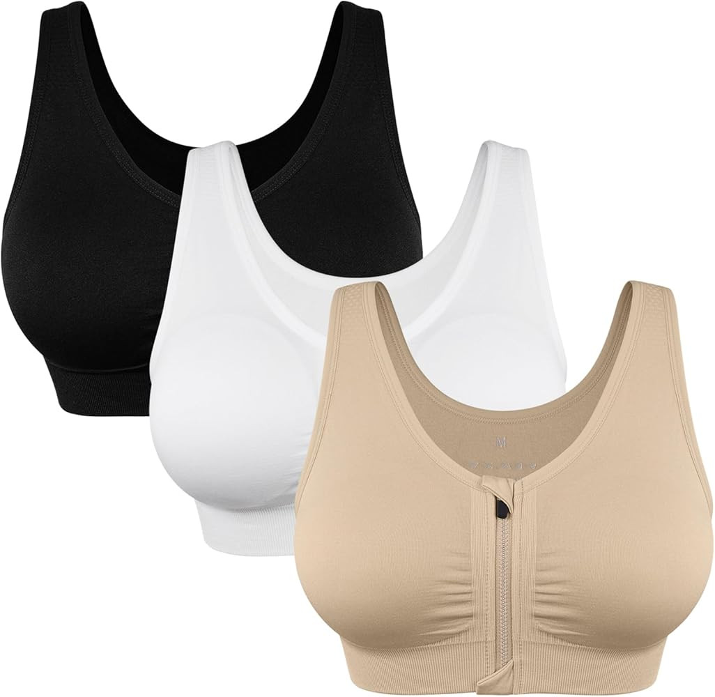 Women's Zip Front Sports Bra Wireless Post-Surgery Bra Active Yoga Sports Bras | Amazon (US)