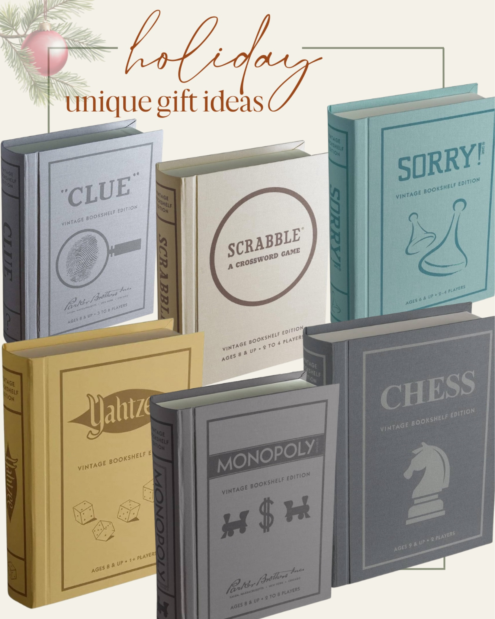 Unique gift ideas for game lovers! These are your classic games but look like books to store on your shelves. Just about every game you can think of! (More in another post!

Clue scrabble sorry Yahtzee chess monopoly 

Game lover gift guide / game lovers gift ideas 

#LTKGiftGuide #LTKCyberWeek #LTKsalealert