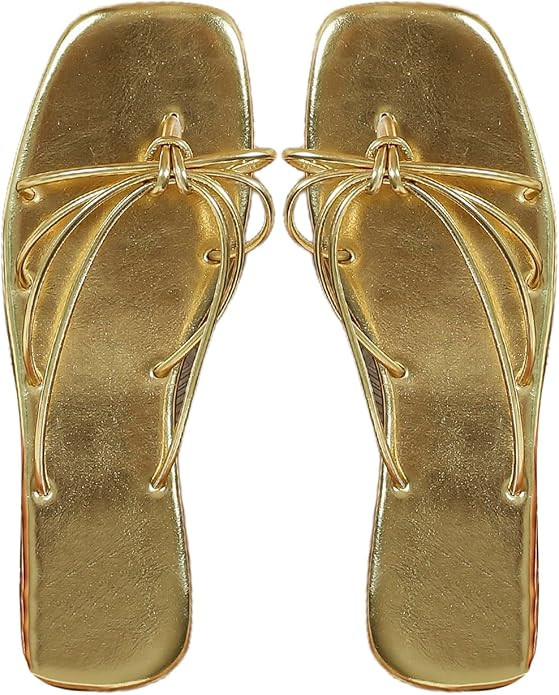 GORGLITTER Women's Gold Strappy Sandals Boho Dressy Cute Slip on Square Toe Wedding Guess Slides ... | Amazon (US)