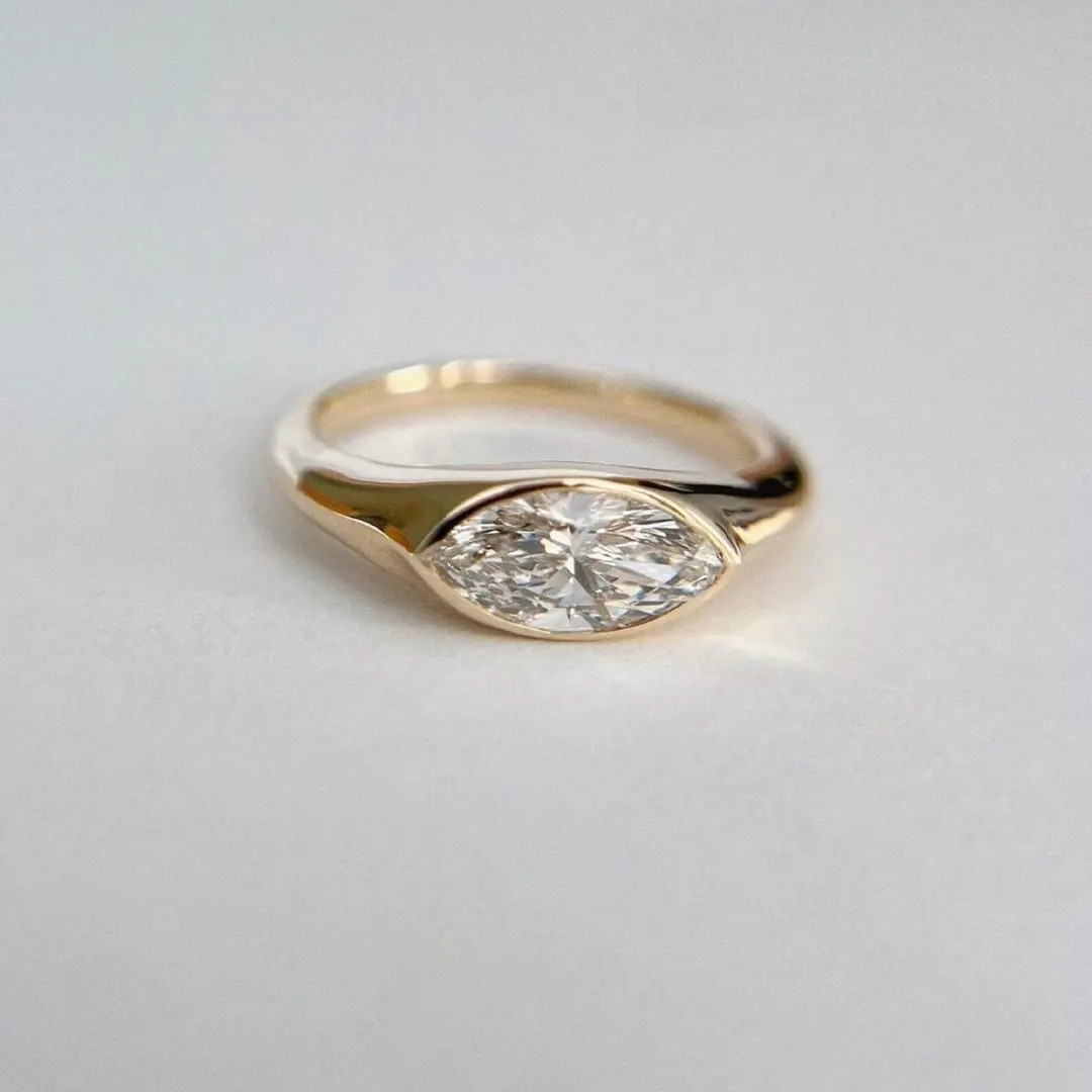 Marquise Cut Lab Diamond Signet Ring 1.25CT, 14K Gold East West Bezel Engagement Ring, Fine Jewel... | Etsy (Global)