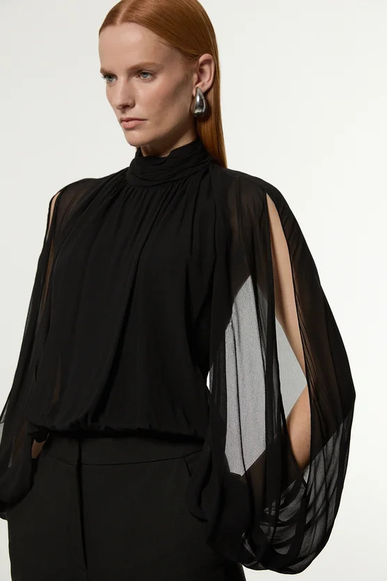 Tall Viscose Georgette Cady Lace Insert Bodysuit | Karen Millen UK + IE + DE + NL