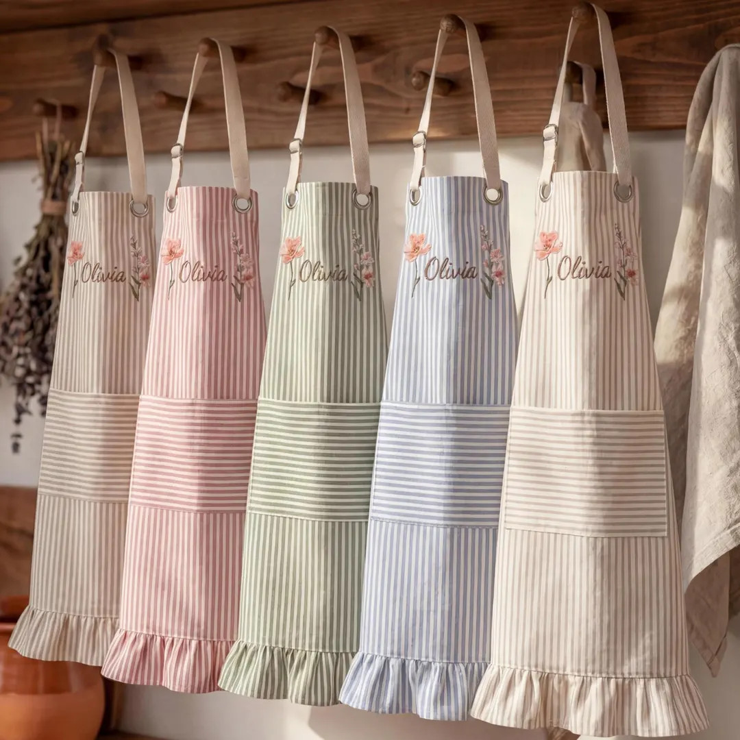 Personalized Embroidered Apron for Women, Custom Name Apron, Striped Ruffle Kitchen Apron, Floris... | Etsy (US)