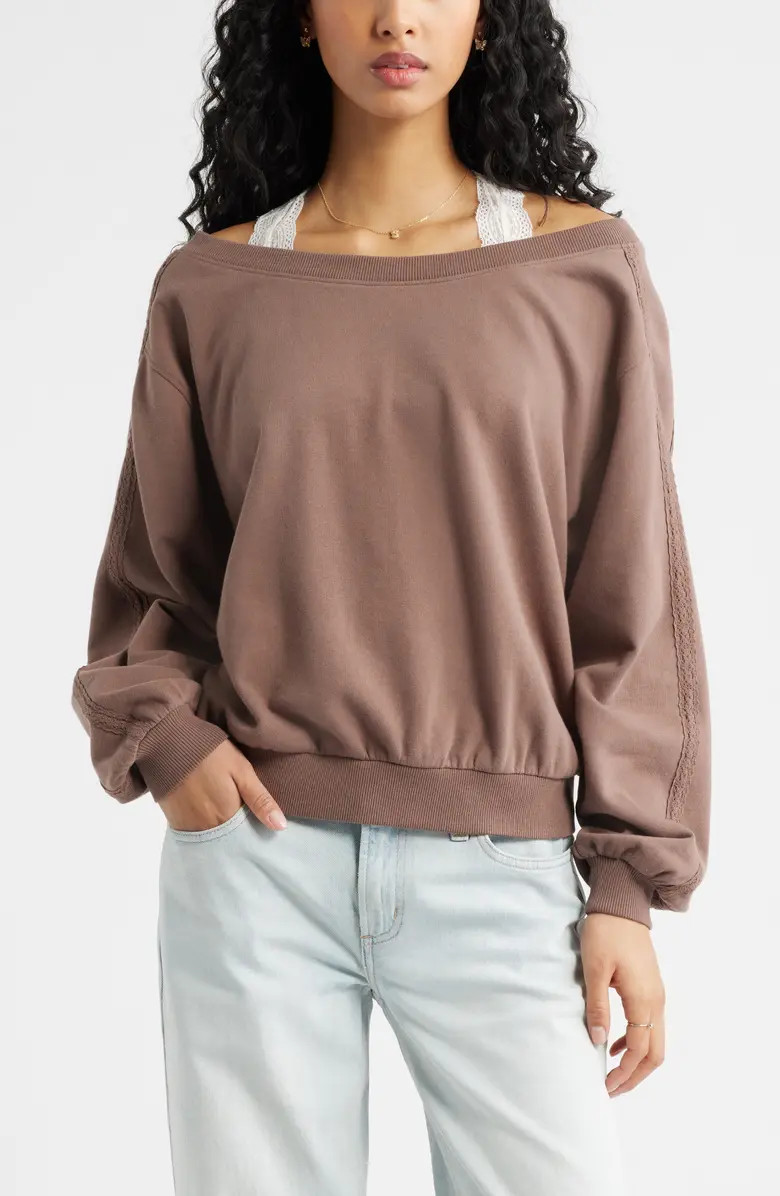 Lace Trim Off the Shoulder Cotton Blend Sweatshirt | Nordstrom