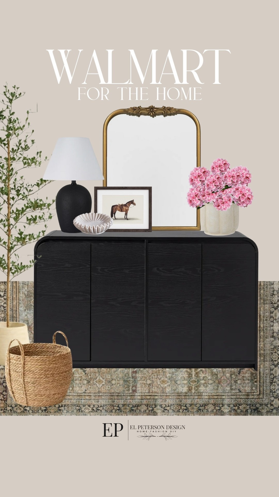 Walmart
Area rug
Accent cabinet
Faux tree
Basket
Artwork
Fluted bow
Table lamp
Planter 
Stems 

#LTKHome