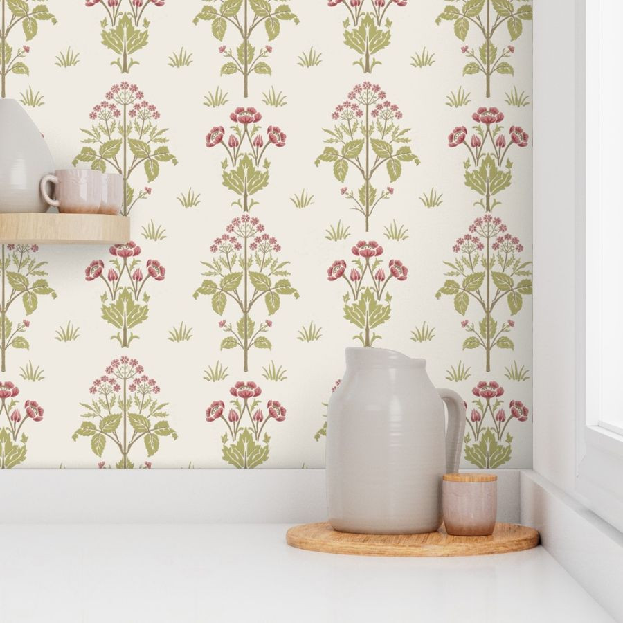 William Morris Meadow Sweet, Pink/Green on Neutral  LARGE Scale Wallpaper bycharlottesews | Spoonflower