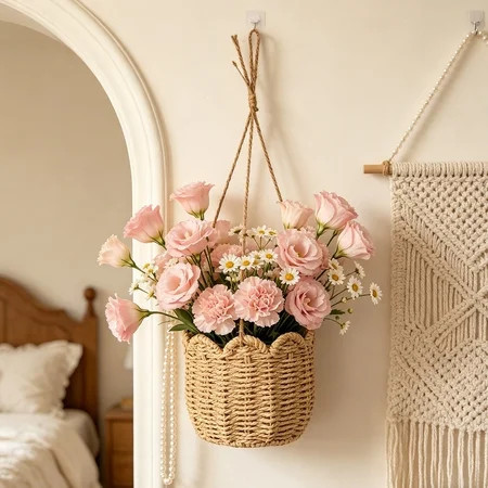 Wicker Hanging Flower Basket Wall Mounted Storage Basket Straw Weave Planter Floral Vase Bohemian Home Decor Decorative Ornament Rustic Hanging Pot Living Room Balcony Garden Display | Walmart (US)