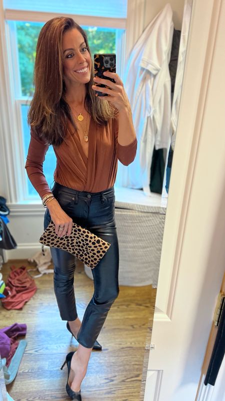 Super affordable faux leather pants and fave “going out” bodysuit. Shoes cost a little more, but I’ve had these for 8 years!!! Investment piece worth the price tag. 

#LTKunder100
