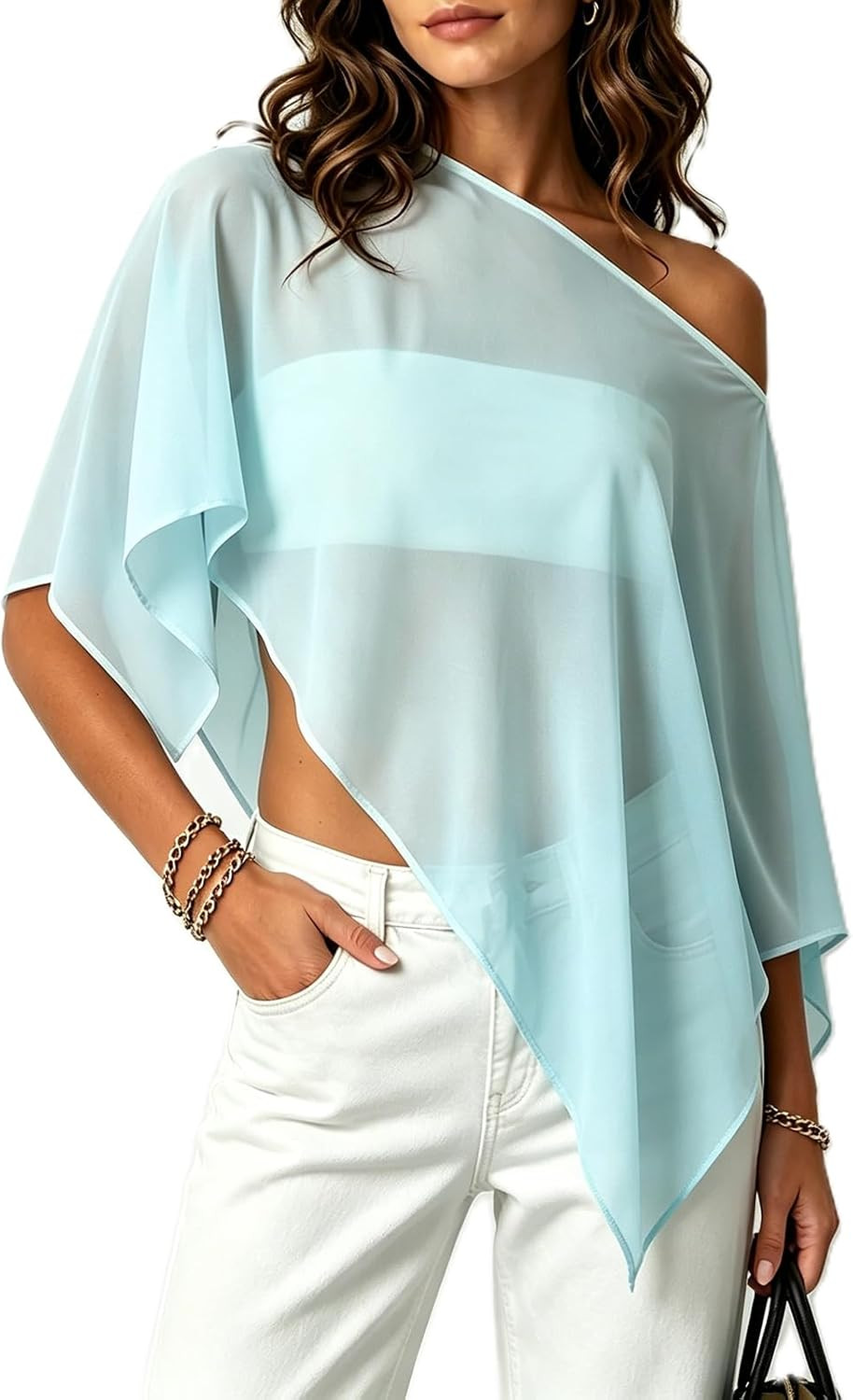 Womens Chiffon Poncho Top Sheer See Through Shawl Shrug Tops Irregular Hem Summer Mesh Cape Cover Ups Flowy Shirt | Amazon (US)