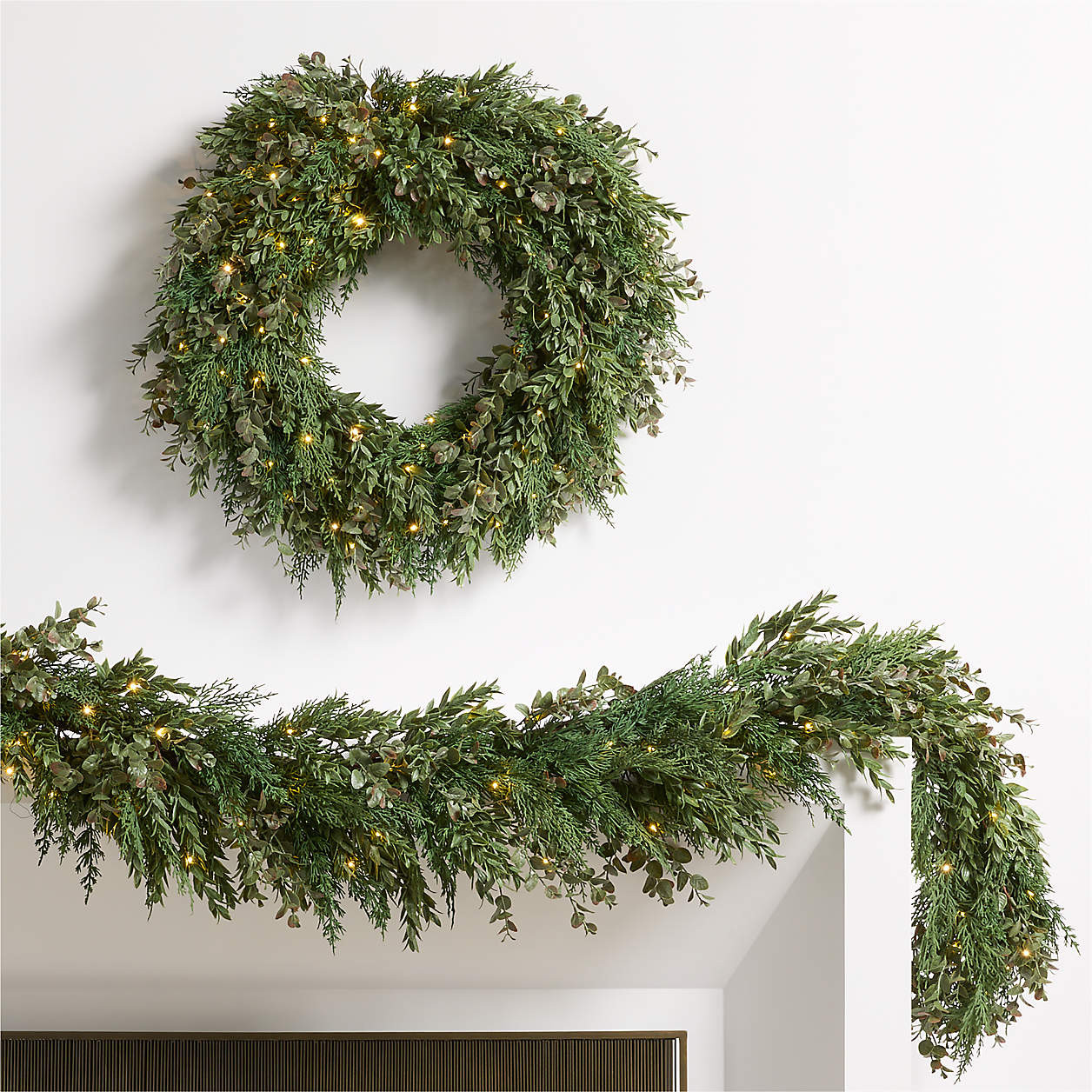 Faux Pre-Lit Cedar & Boxwood Wreath & Garland Set | Crate & Barrel | Crate & Barrel