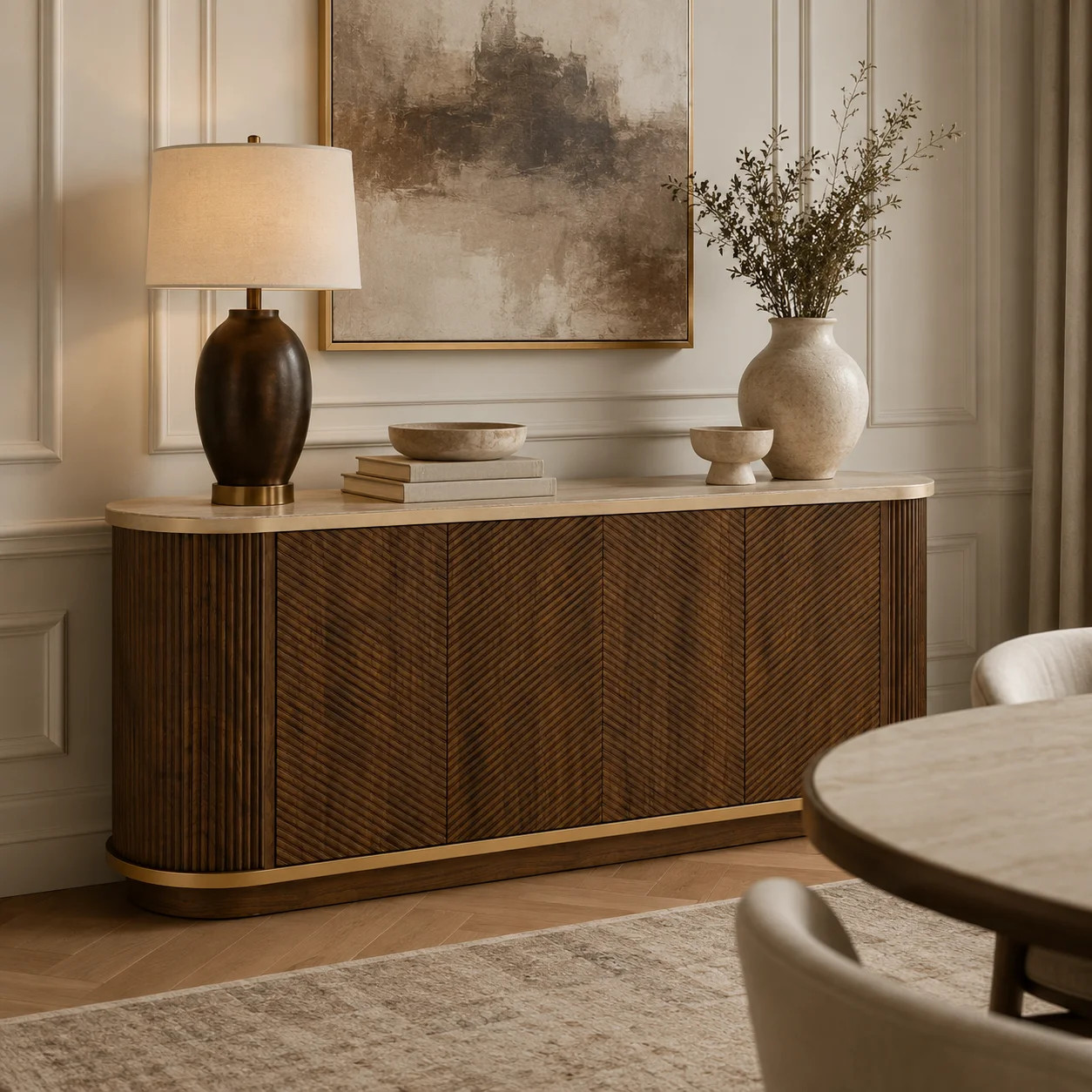 Walnut buffet cabinet with grooved design and 4 doors, gold trim, cream faux marble top, modern storage cabinet for dining and living room. | Wayfair North America