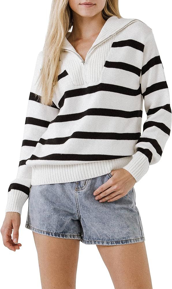 English Factory Women's Striped Knit Zip Pullover | Amazon (US)
