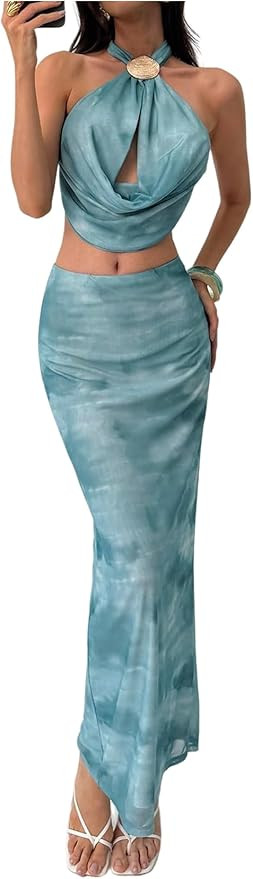 Floerns Women's 2 Piece Outfit Vacation Halter Neck Crop Top and Maxi Skirts Set | Amazon (US)
