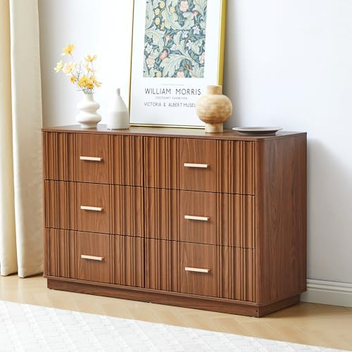 Fluted Double Dresser for Bedroom with 6 Drawers, 47" Wide Modern Chest of Drawers, Curved Profile Wood Storage Dressers TV Stand,Wooden Closet Clothes Storage Organizer for Living Room Hallway,Walnut | Amazon (US)