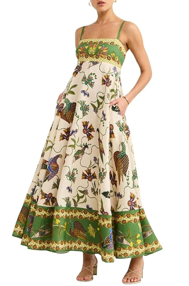 Women Summer Boho Cami Maxi Dress Spaghetti Strap Flowy Graffiti Long Aline Sun Dress | Amazon (US)
