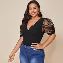 Plus Dot Flocked Mesh Puff Sleeve Solid Top | SHEIN