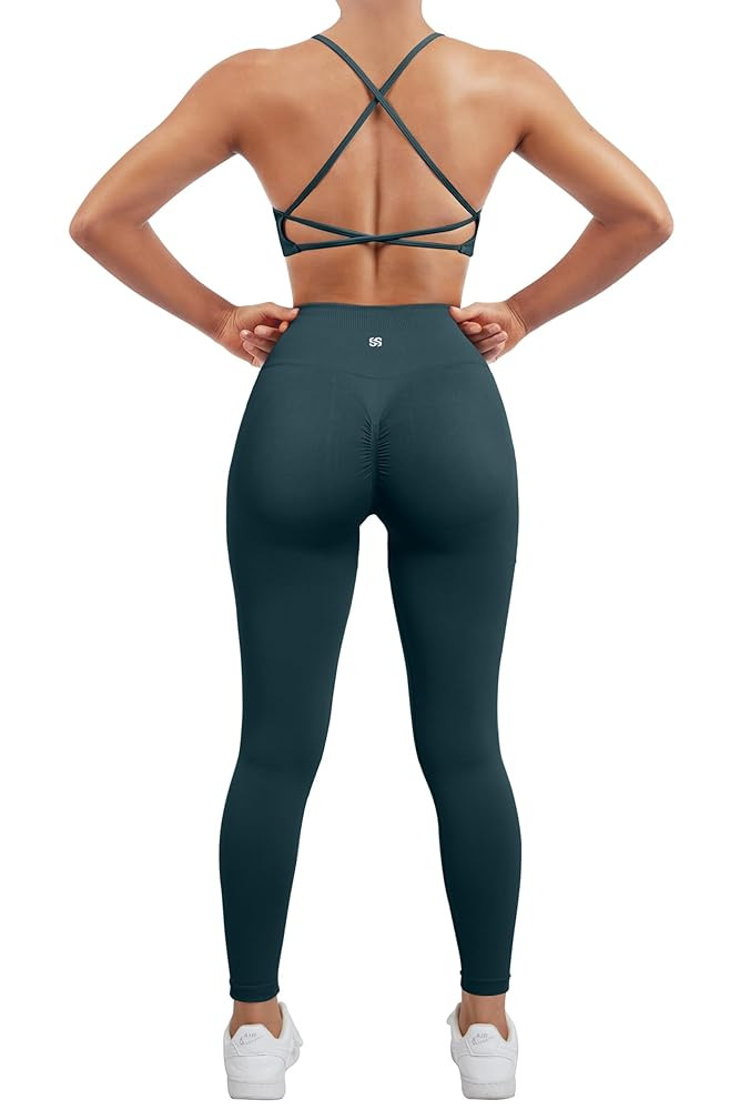 SUUKSESS Women Seamless Workout Sets Strappy Sports Bra High Waist Booty Leggings Outfits | Amazon (US)