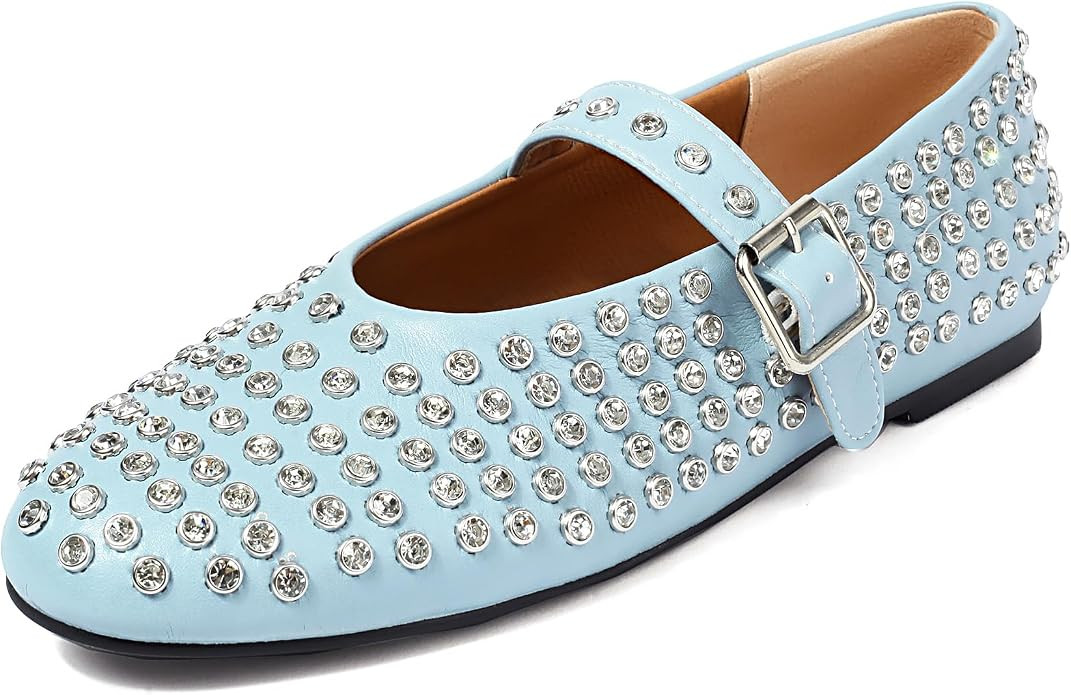 Women's Mary Janes Rhinestone Ballet Flat Buckle Closed Toes Straps Studded Shoes | Amazon (US)
