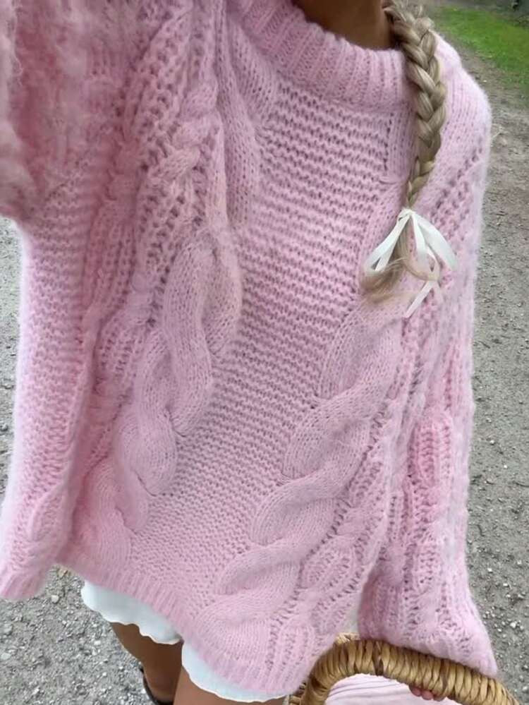 FOR BEAUTY Women's Thick Knit Drop Shoulder Crew Neck Sweater, Spring/Autumn New Knitted, Pink Fa... | SHEIN