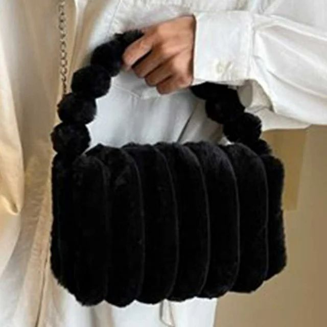 Ladies Faux Fur Satchel Bag Solid Color Fuzzy Shoulder Bag Casual Fluffy Handbag, Black | Walmart (US)