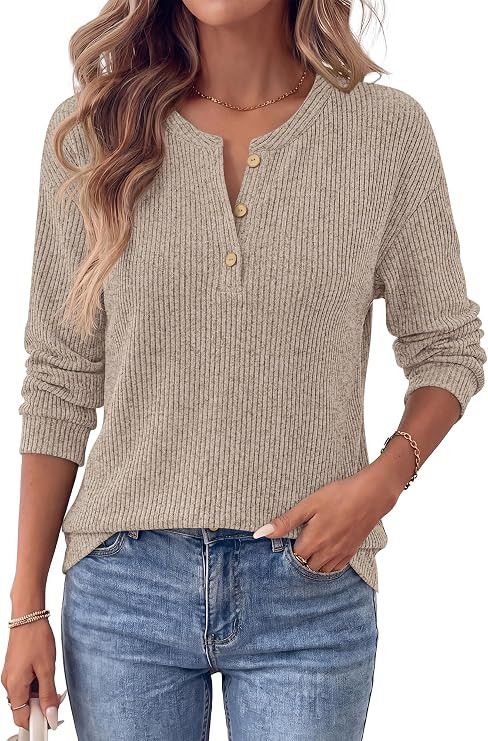 KIRUNDO Womens Long Sleeve Henley Shirts Dressy Casual Button Up Tops | Soft Ribbed Knit Tunic Ba... | Amazon (US)