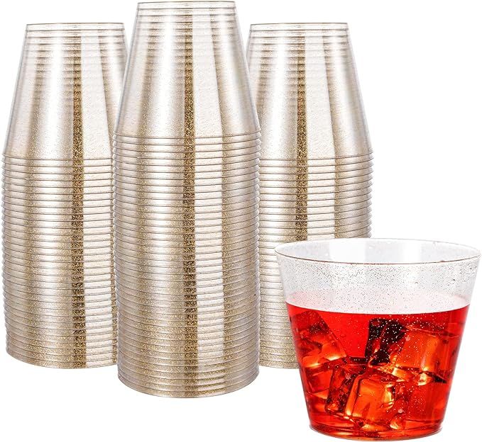 N9R 100 Pack Gold Plastic Cups 9oz, Gold Glitter Plastic Cups Disposable, Elegant Wedding Cups an... | Amazon (US)
