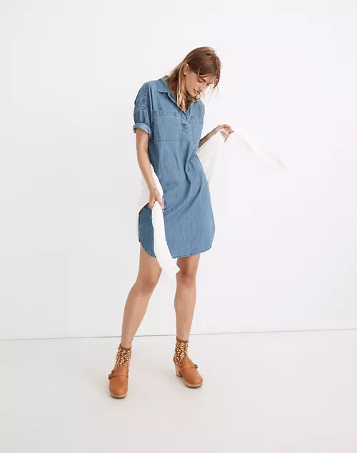 Denim Short-Sleeve Popover Shirtdress in Waltham Wash | Madewell