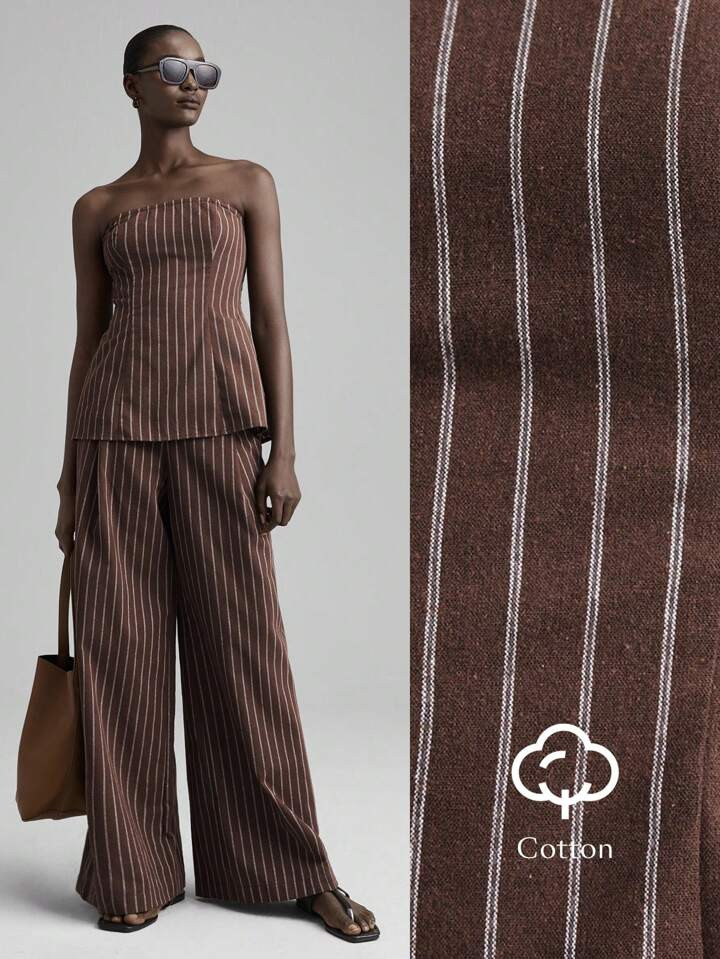 Ontre 2025 Autumn/Winter Women's Clothing, Fall/Winter Outfits, Back To School, Halloween, Christmas, Business Casual, Retro Elegant Versatile Basics, Nashville Apparel, Striped Bandeau Top And Pleated Pants Casual 2 Pieces Set, Red-Brown With White Stripes 2 Pieces Set, Urban Minimalist | SHEIN