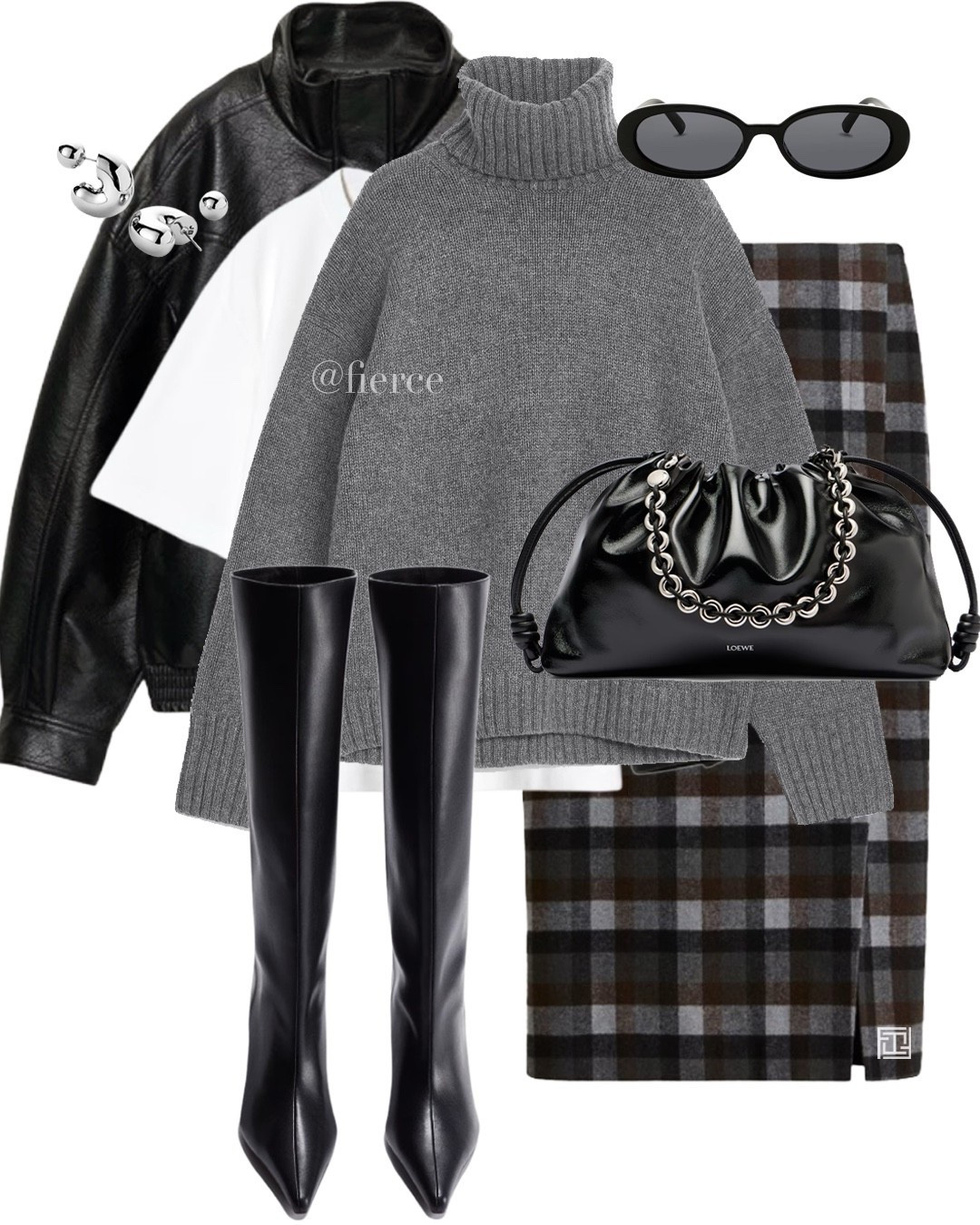 Black bomber leather jacket grey roll neck jumper black heeled knee high boots black Loewe flamenco clutch bag white tshirt check skirt cool chic look date night lunch date office work wear 

#LTKwinter #LTKautumn #LTKuk