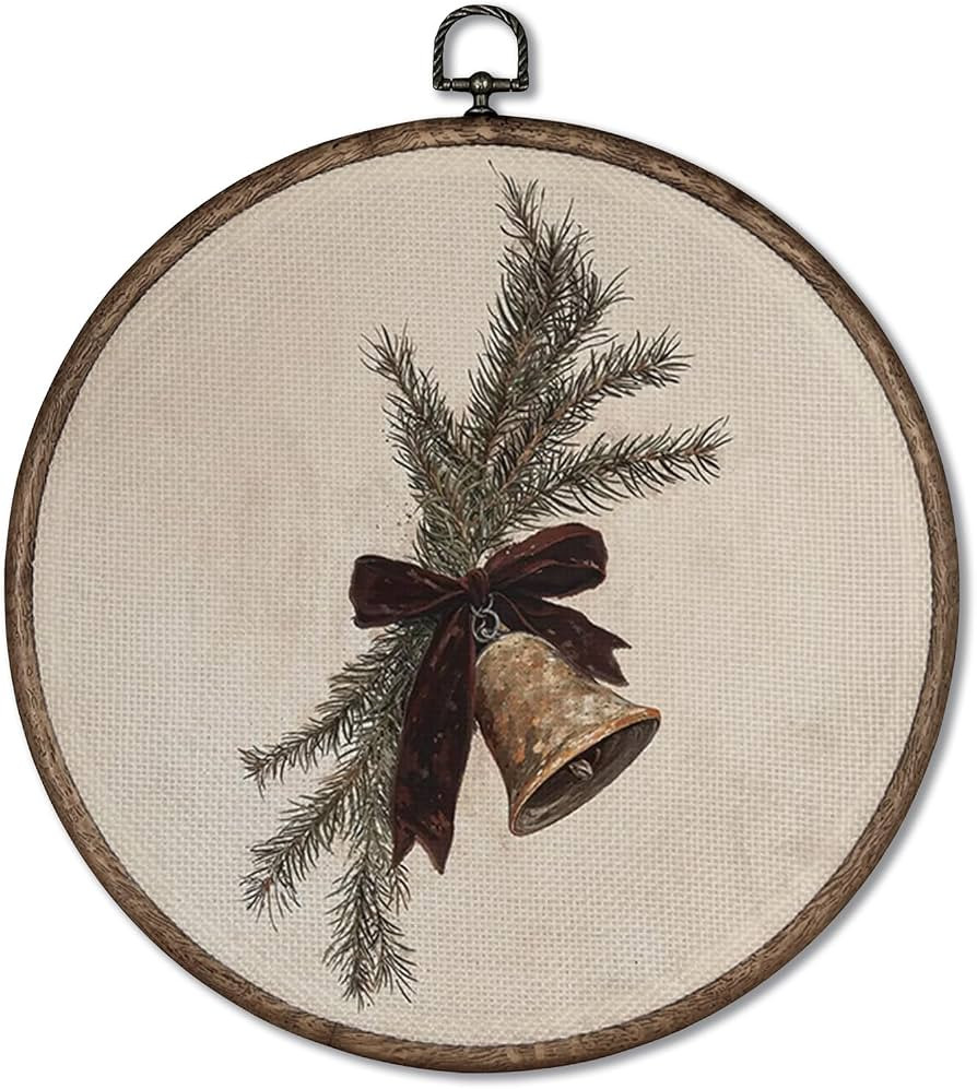 Giosve Vintage Rustic Christmas Round Wall Art Canvas Framed Poster, Winter Holiday Red Ribbon Bo... | Amazon (US)