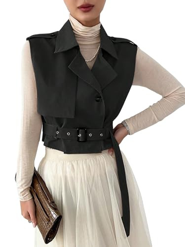 WDIRARA Women's Sleeveless Cropped Trench Coat with Belted Lapel Collar Vest Coat | Amazon (US)