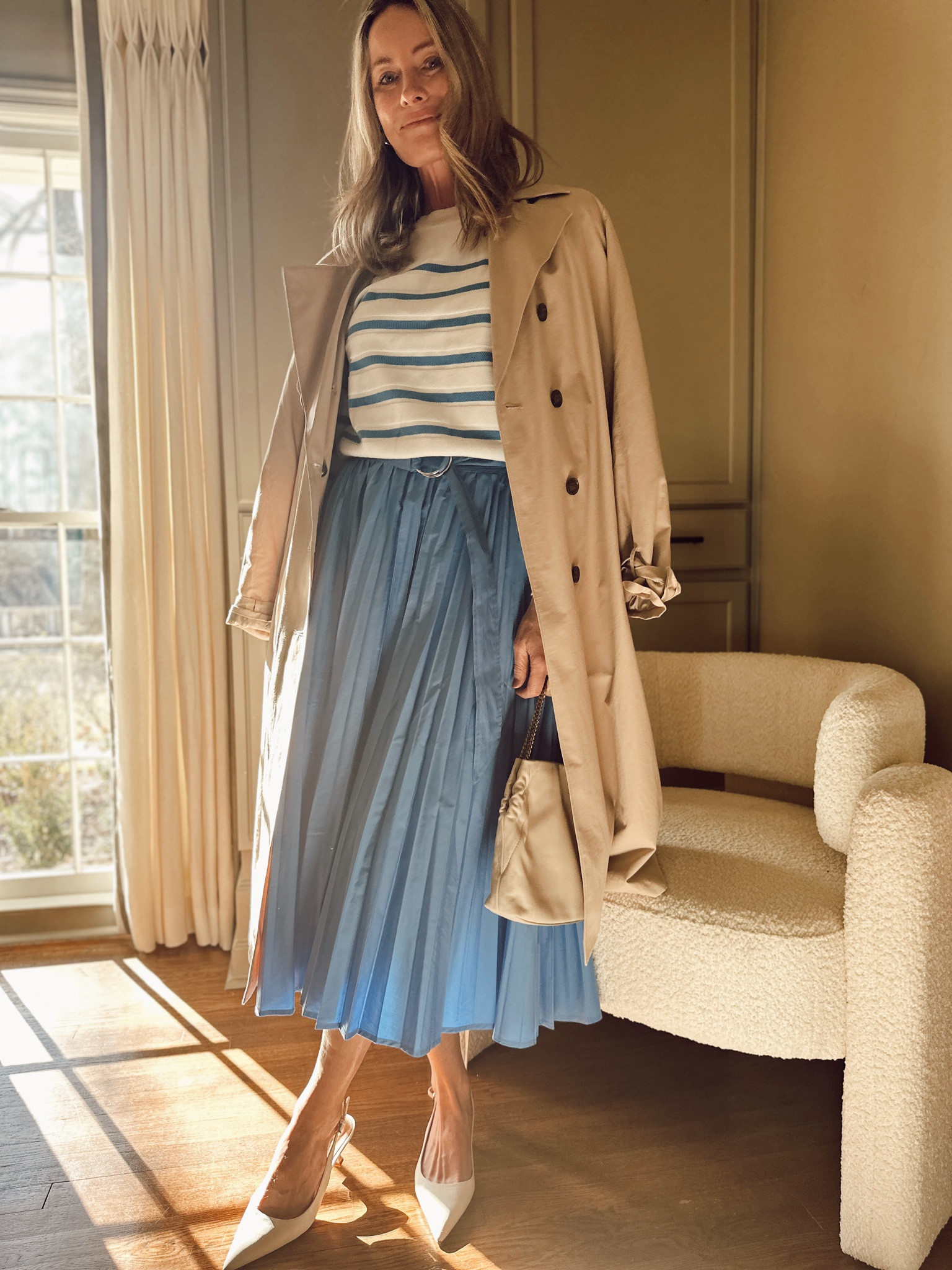 #walmartpartner Another Walmart new look 🩵 the cutest poplin pleated skirt and classic stripped sweater. All true to size! @walmartfashion #walmartfashion 

#LTKFindsUnder50 #LTKFindsUnder100 #LTKStyleTip