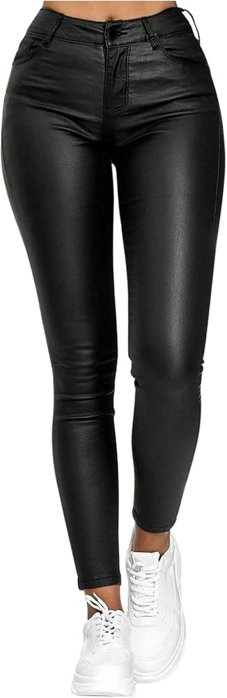 WDIRARA Women's High Waisted PU Leather Leggings Stretchy Skinny Pants with Pockets | Amazon (US)