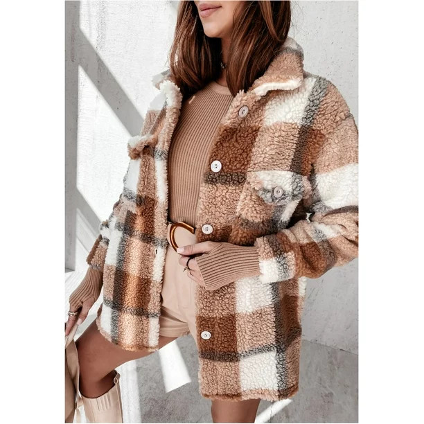 Women Flannel Jacket Cozy Long Sleeve Plaid Buttons Shacket Teddy Woolen Fleece Cardigan Coat Fal... | Walmart (US)