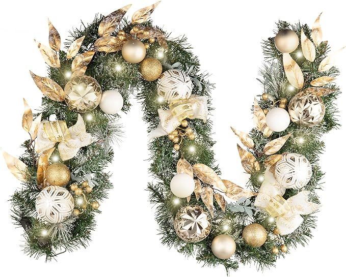 Valery Madelyn Pre-Lit 6 Feet Elegant Gold and White Christmas Garland with Ball Ornaments, Batte... | Amazon (US)