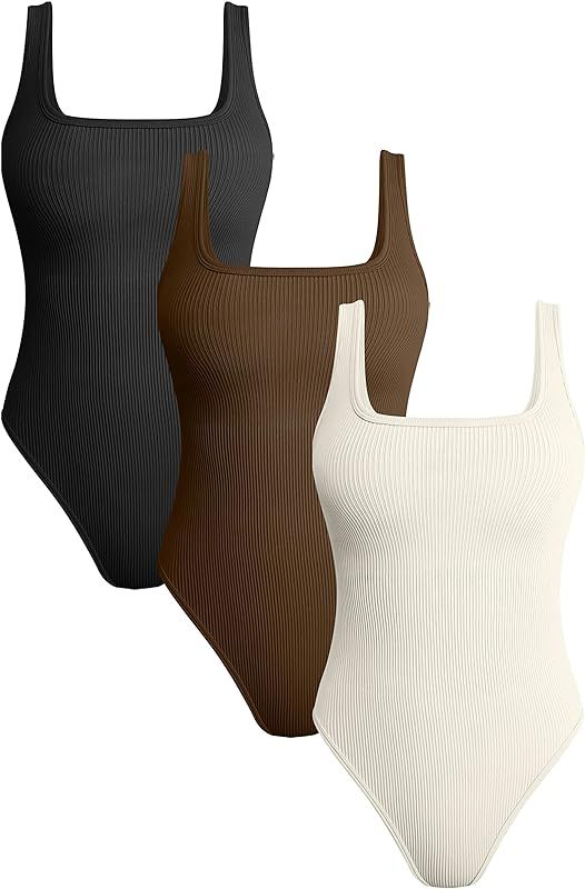 OQQ Women's 3 Piece Bodysuits Ribbed Square Neck Sleeveless Tank Tops Bodysuits | Amazon (US)