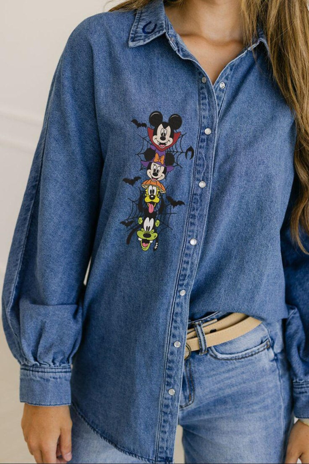 Disney Halloween Mickey and Friends Embroidered Denim Shirt, Mickey Mouse Vampire Halloween Embro... | Etsy (US)
