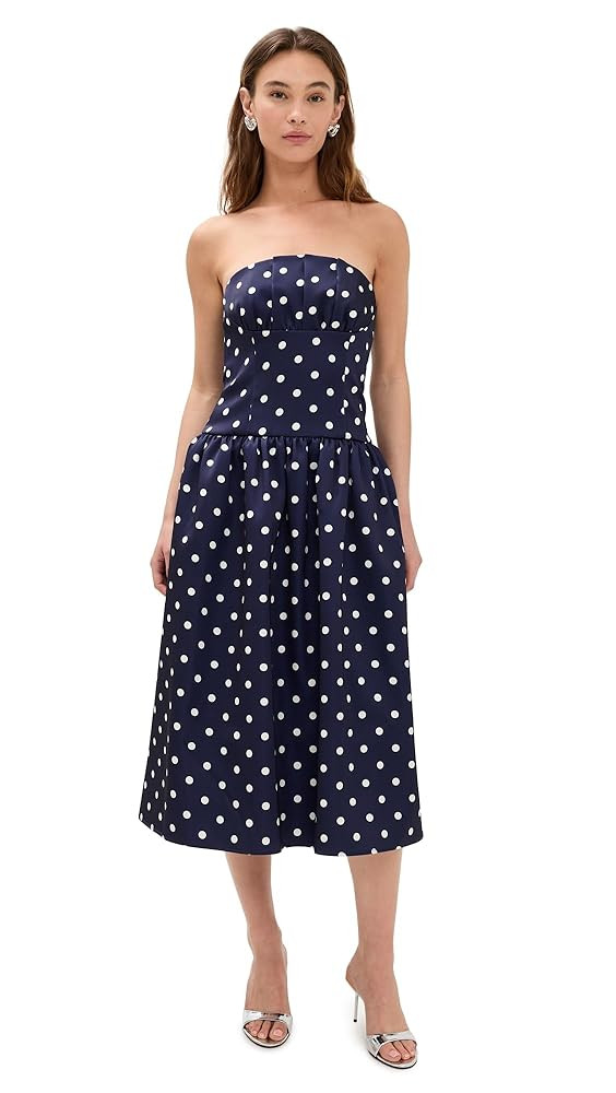Women's Navy Polka Dot Satin Midi Dress | Amazon (US)