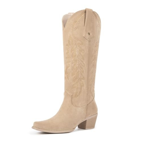 wetkiss Suede Boots for Women Knee High Cowgirl Boots Retro Embroidered Chunky Heels Pointed Toe Western Long Tall Boot Pull On (Apricot Size7.5) | Amazon (US)