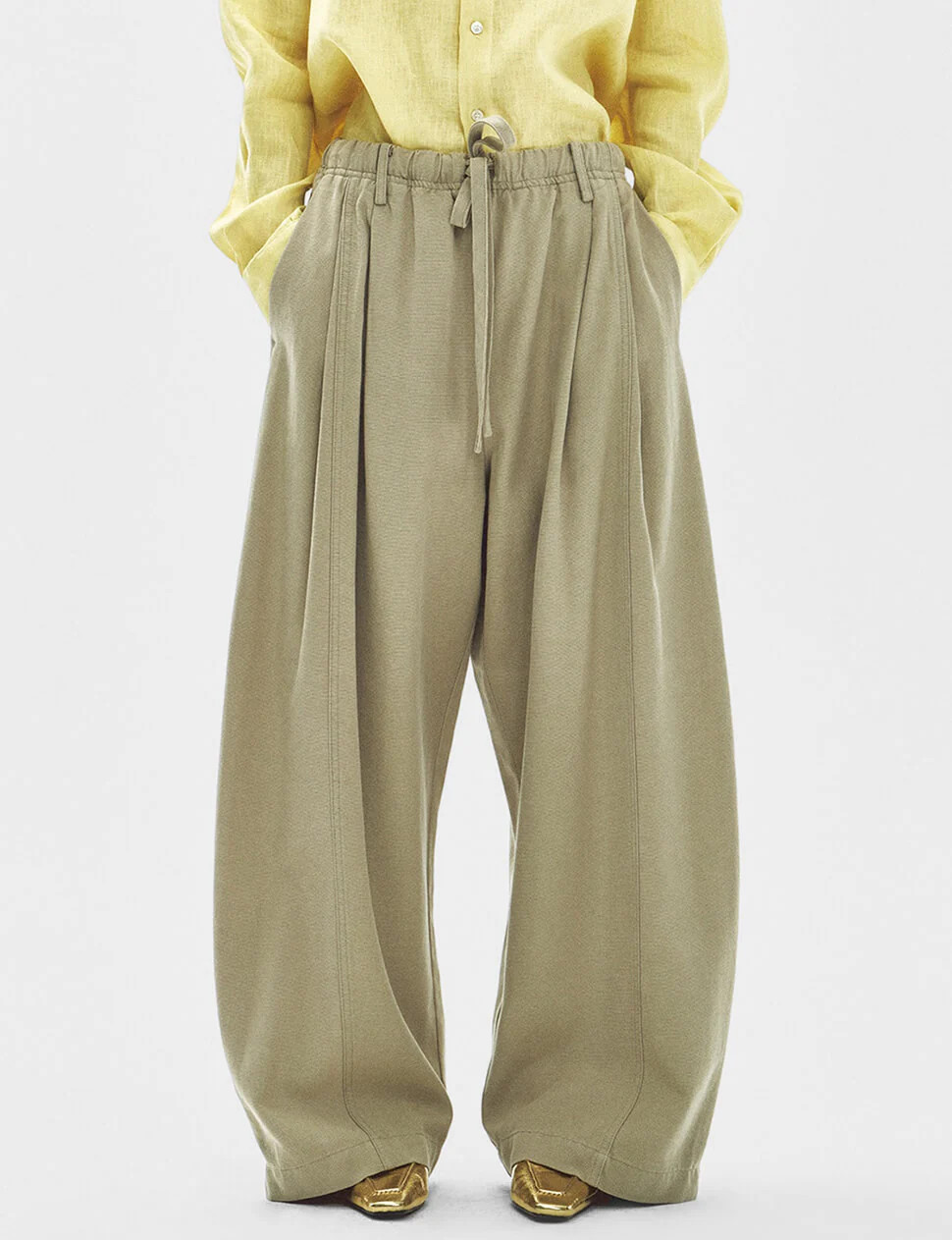 Wide-Leg Drawstring Trousers in Khaki-PREORDER | Pixie Market
