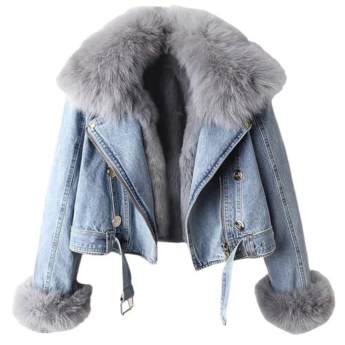 Women Denim Jacket with Fur, Warm Fur Collar Fur Lined Denim Jacket Thicken Shaggy Winter Removable Cropped Top (Light Blue,S) | Amazon (US)