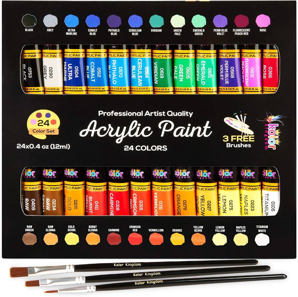 Acrylic Paint Set Canvas Art Paints 24 Colors (0.41oz ,12 ml) With 3 Brushes - Painting Canvas, P... | Amazon (US)