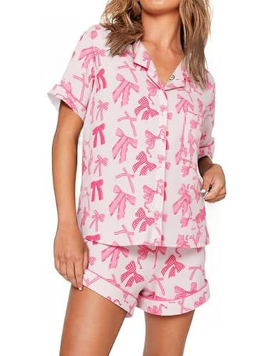 APRTEAK Women's 2 Piece Bow Pajamas Set Pink Pjs Cute Pj Set Summer Coquette Short Sleeve Button Down Lounge Sets Sleepwear | Amazon (US)