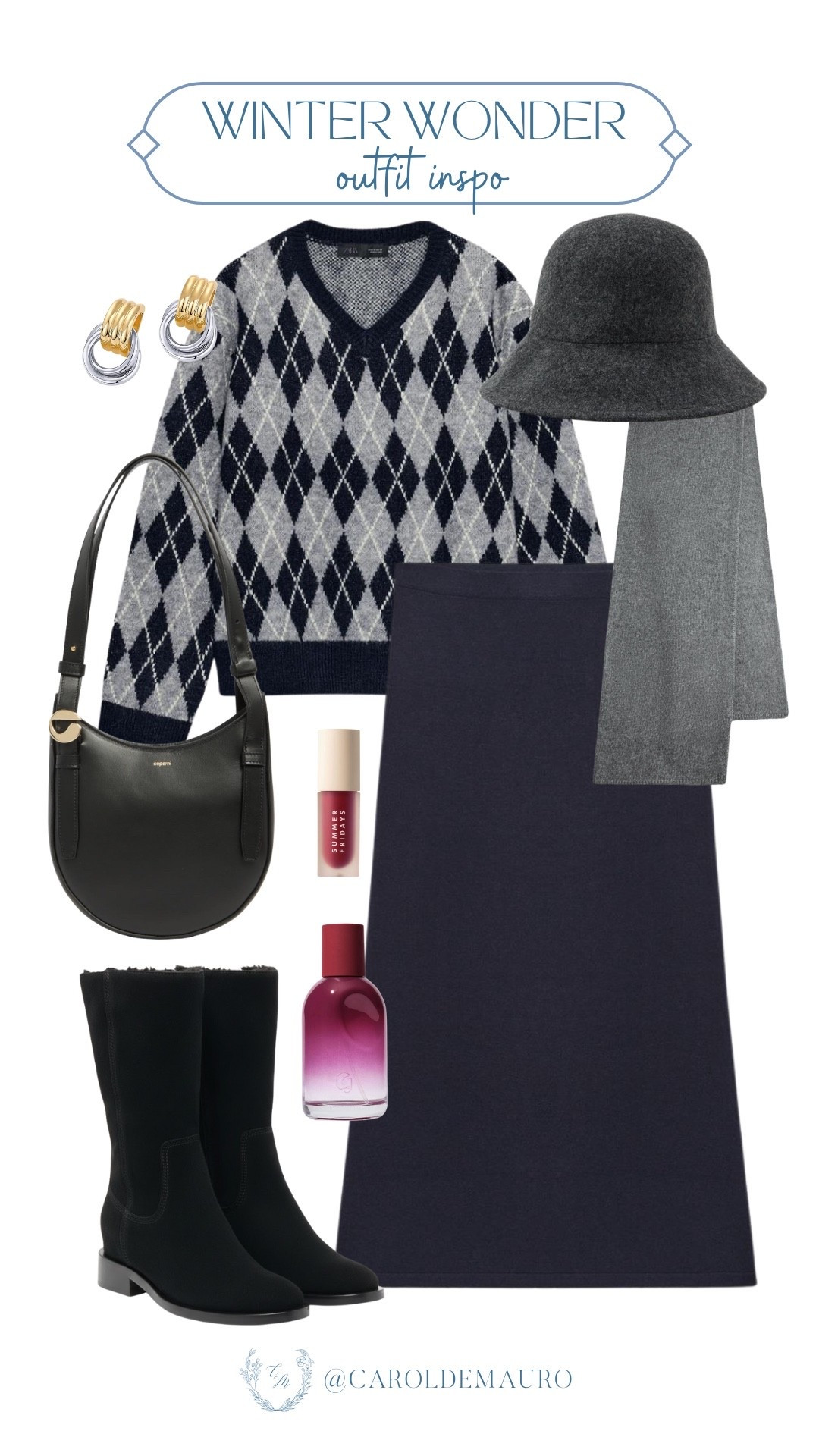 Loving this perfect blueprint for a cute winter day: a timeless argyle sweater and that sleek skirt is such an effortless pairing. Tying it all together with cool black boots, a chic bag, and the must-have cozy bucket hat!

winter outfit, monochrome style, trendy fashion, outfit inspo, sweater weather, cozy look, seasonal wardrobe, boots season

#LTKSeasonal #LTKGiftGuide #LTKFindsUnder100