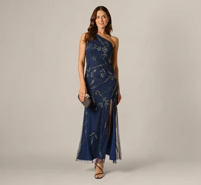 One Shoulder Floral Sequin Bead Gown In Light Navy | Adrianna Papell