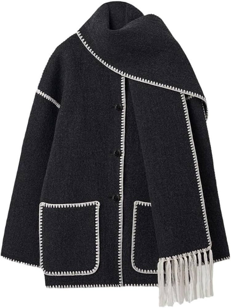 Womens Faux Cashmere Overcoat with Scarf, Thick Plush Warm Jacket for Autumn and Winter Casual We... | Amazon (UK)